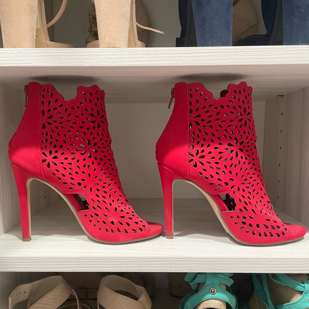 Red Cutout Heeled Booties